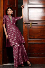 Wine Woven Mulberry Silk Sharara Set