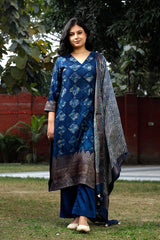 Navy Blue Geometrical Printed Chanderi Silk Suit Set for Party/Wedding Wear