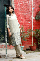 Sage Green Embellished Mulmul Tissue Silk Kurta Set