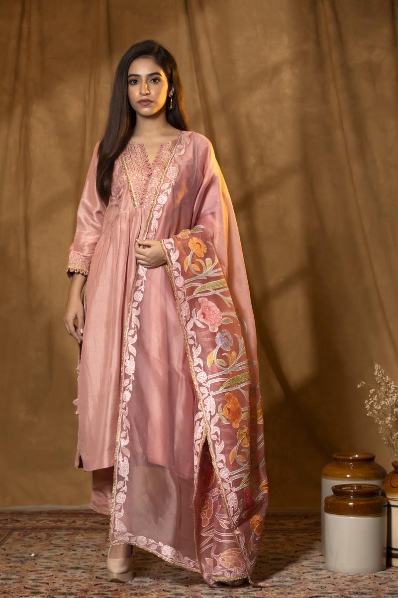 Peach Chiniya Silk Suit Set with Hand-Embellished Dupatta
