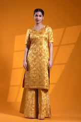 Yellow Banarasi Sharara Set with Meenakari Bird Motifs