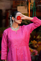 Magenta Pink Organza Suit Set with Chikankari Embroidery