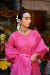 Magenta Pink Organza Suit Set with Chikankari Embroidery