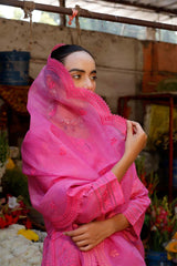 Magenta Pink Organza Suit Set with Chikankari Embroidery