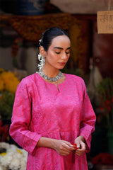 Magenta Pink Organza Suit Set with Chikankari Embroidery