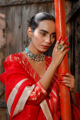 Deep Red Banarasi Silk Suit Set with Tanchoi Resham and Aari Work