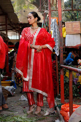 Deep Red Banarasi Silk Suit Set with Tanchoi Resham and Aari Work