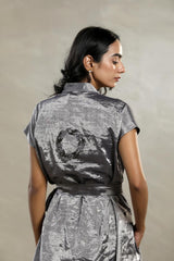 Silver Tissue Silk Cocktail Dress with Embellished Collar