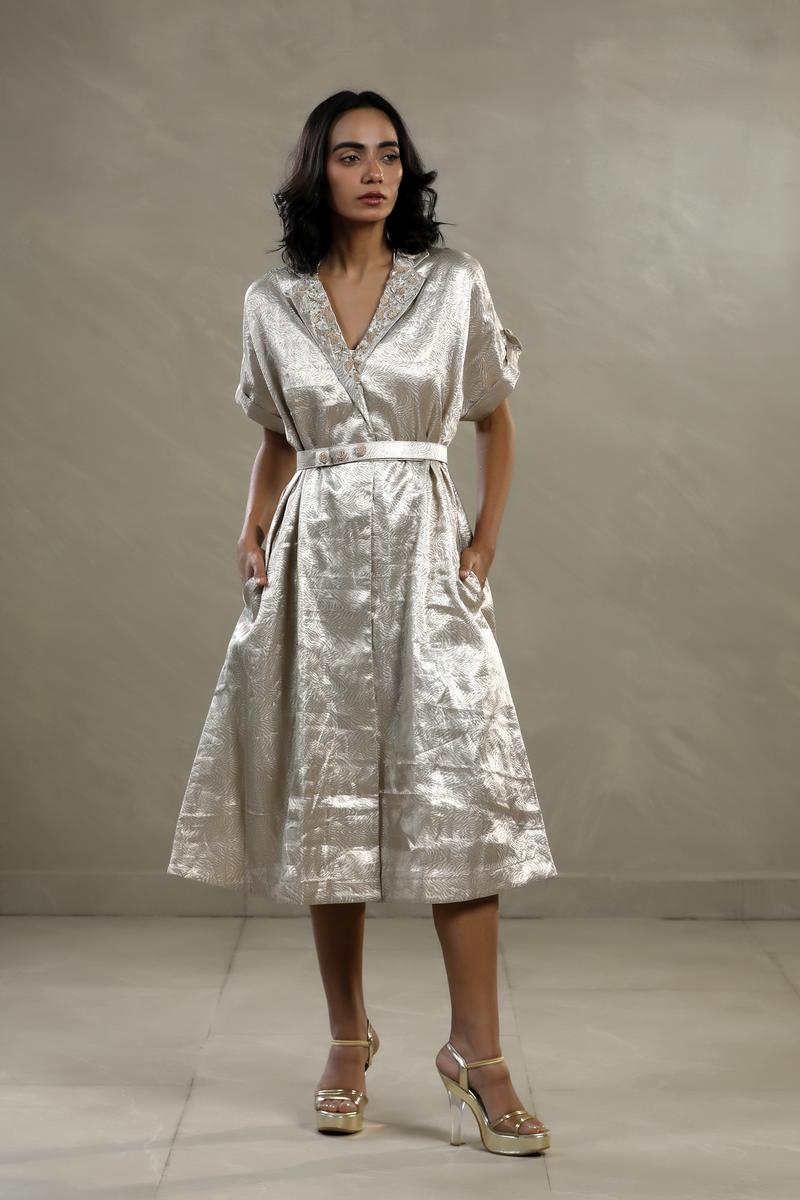 open lace back dress Silver Tissue Silk Cocktail Dress with Embellished Neckline – Chinaya  Banaras