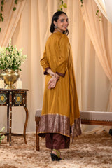 Mustard Yellow Pure Silk Kurta Set With Zari Border