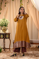 Mustard Yellow Pure Silk Kurta Set With Zari Border