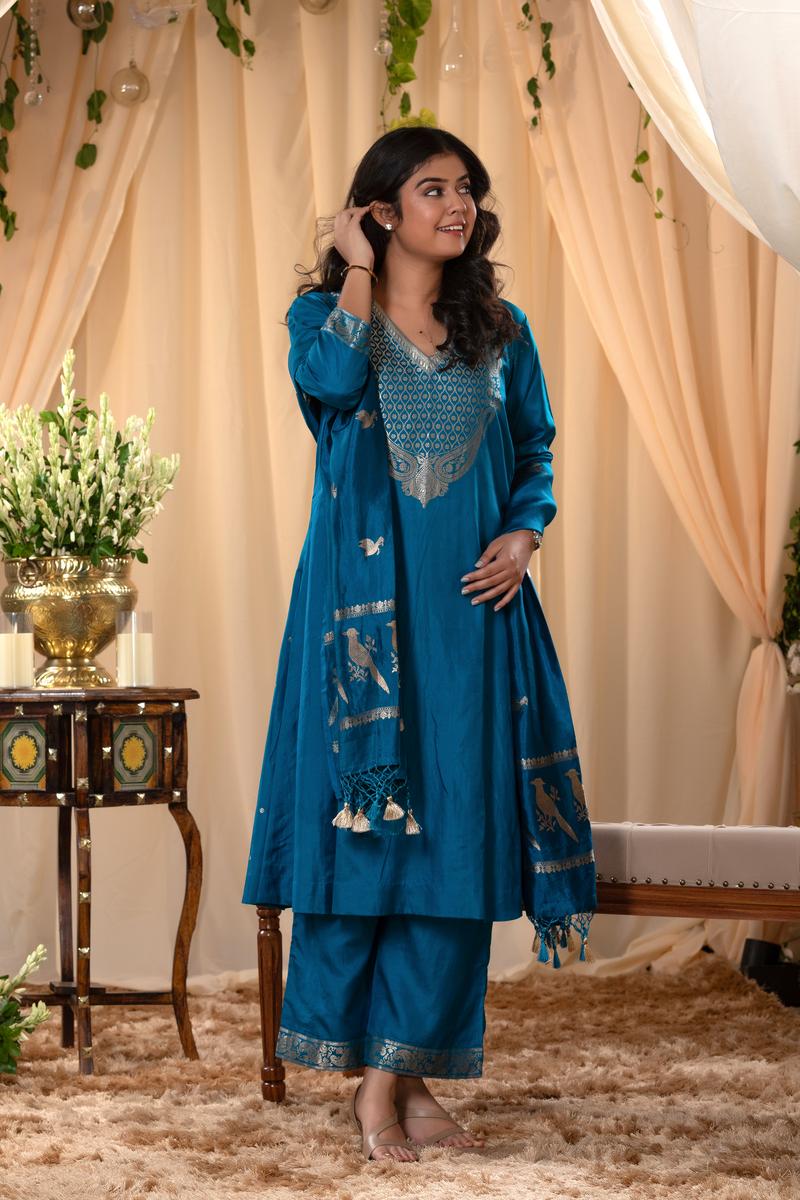 Blue Salwar Suit With Intricate Zari Work And Dupatta Blue / S