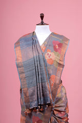 Grey Floral Printed Tussar Silk Saree