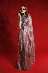 Rust Tissue Silk Saree with Beads Embellishments