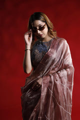 Rust Tissue Silk Saree with Beads Embellishments