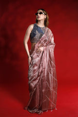 Rust Tissue Silk Saree with Beads Embellishments