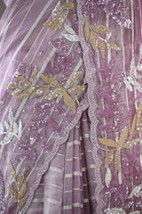 Lilac Tissue Silk Saree with Silver Zari Stripes & Embellishments