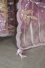 Lilac Tissue Silk Saree with Silver Zari Stripes & Embellishments