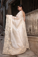 Off White Floral Embroidered Crushed Tissue Silk Saree