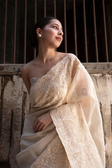 Off White Floral Embroidered Crushed Tissue Silk Saree