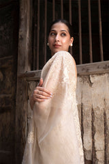 Off White Floral Embroidered Crushed Tissue Silk Saree