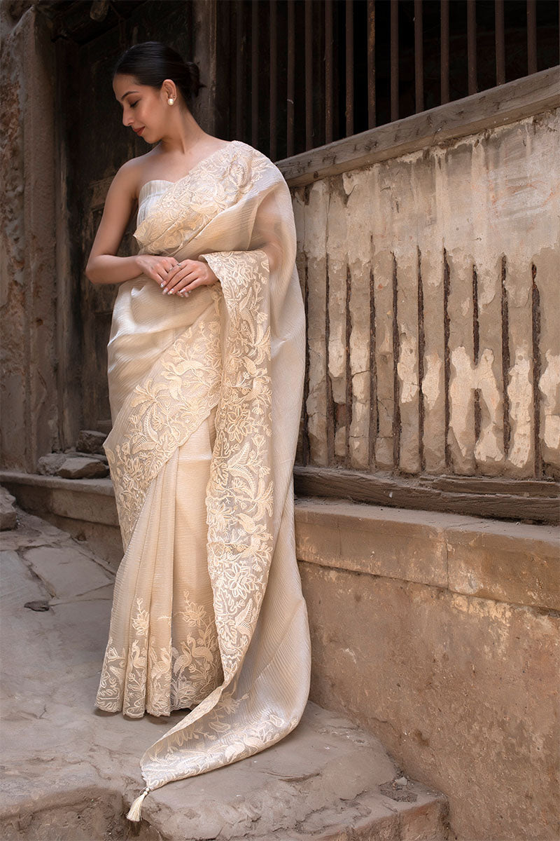 Off White Floral Embroidered Crushed Tissue Silk Saree