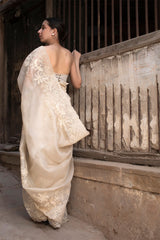 Off White Floral Embroidered Crushed Tissue Silk Saree