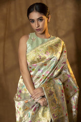 Multicolor Tissue Silk Handloom Banarasi Saree with Meenakari Bird Motif