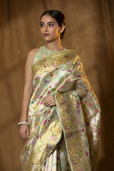 Multicolor Tissue Silk Handloom Banarasi Saree with Meenakari Bird Motif