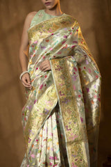 Multicolor Tissue Silk Handloom Banarasi Saree with Meenakari Bird Motif