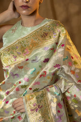 Multicolor Tissue Silk Handloom Banarasi Saree with Meenakari Bird Motif