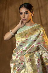 Multicolor Tissue Silk Handloom Banarasi Saree with Meenakari Bird Motif