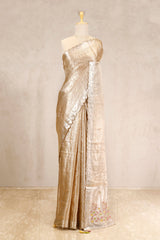 Golden Bollywood Tissue Silk Saree with Hand-Embellished Floral Pallu