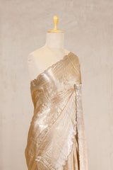 Golden Bollywood Tissue Silk Saree with Hand-Embellished Floral Pallu