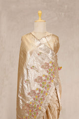 Golden Bollywood Tissue Silk Saree with Hand-Embellished Floral Pallu