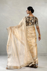 Beige Tissue Silk Saree with Floral Printed Blouse