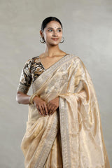Beige Tissue Silk Saree with Floral Printed Blouse