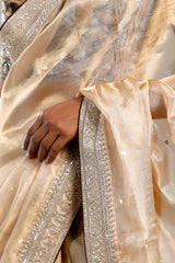 Beige Tissue Silk Saree with Floral Printed Blouse