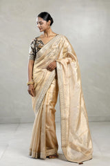 Beige Tissue Silk Saree with Floral Printed Blouse
