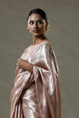 Baby Pink Tissue Silk Saree with Silver Zari Floral Work