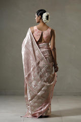 Baby Pink Tissue Silk Saree with Silver Zari Floral Work