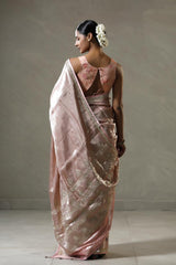 Baby Pink Tissue Silk Saree with Silver Zari Floral Work