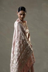 Baby Pink Tissue Silk Saree with Silver Zari Floral Work