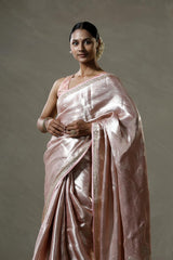 Baby Pink Tissue Silk Saree with Silver Zari Floral Work