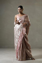 Baby Pink Tissue Silk Saree with Silver Zari Floral Work