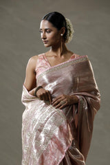 Baby Pink Tissue Silk Saree with Silver Zari Floral Work