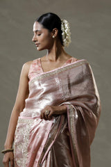 Baby Pink Tissue Silk Saree with Silver Zari Floral Work