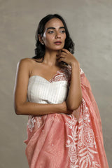 Peach Crushed Tissue Silk Saree with Beads Work