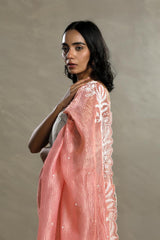 Peach Crushed Tissue Silk Saree with Beads Work