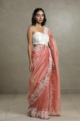Peach Crushed Tissue Silk Saree with Beads Work